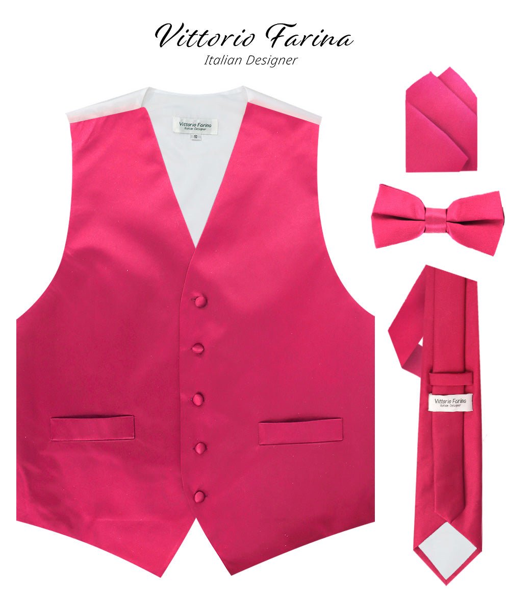 Vittorio Farina Men's Satin Vest, Necktie, Bow Tie and Pocket Square Set (White Back)