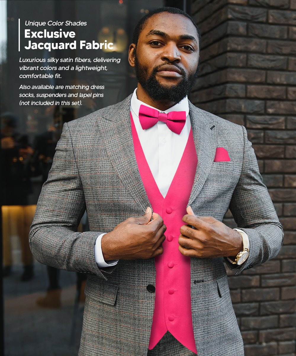 Vittorio Farina Men's Satin Vest, Necktie, Bow Tie and Pocket Square Set (White Back)