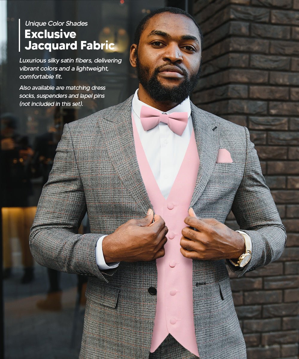 Vittorio Farina Men's Satin Vest, Necktie, Bow Tie and Pocket Square Set (White Back)