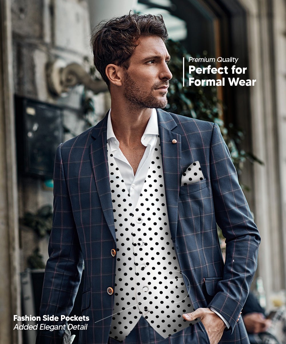 Vittorio Farina Men's White and Black Dot Polka Dot Vest, Necktie, Bow Tie and Pocket Square Set