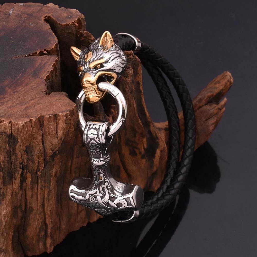 Viking Wolf Head Stainless Steel Leather Bracelet