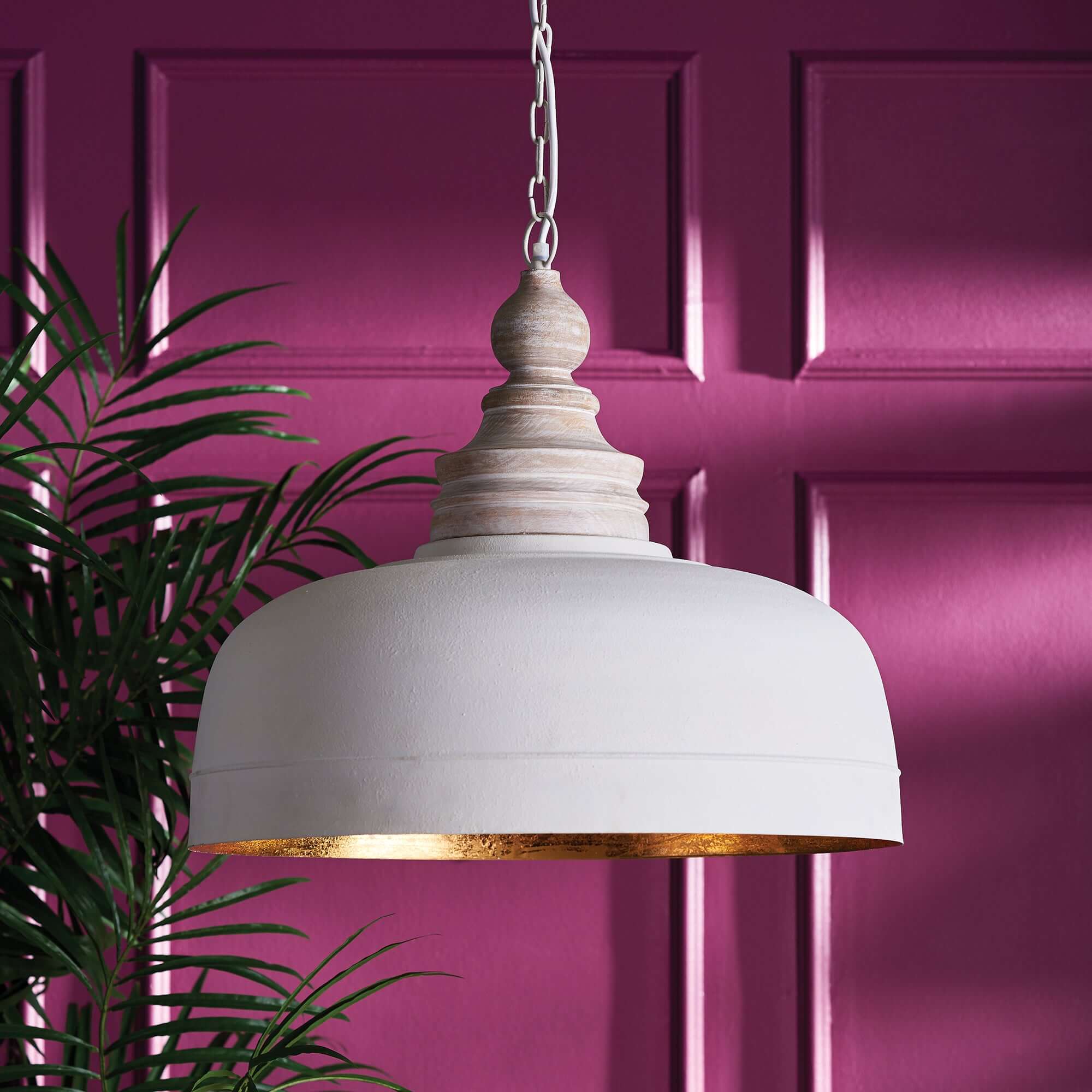 Vintage Farmhouse White Dome Pendant Light with Wood Finial