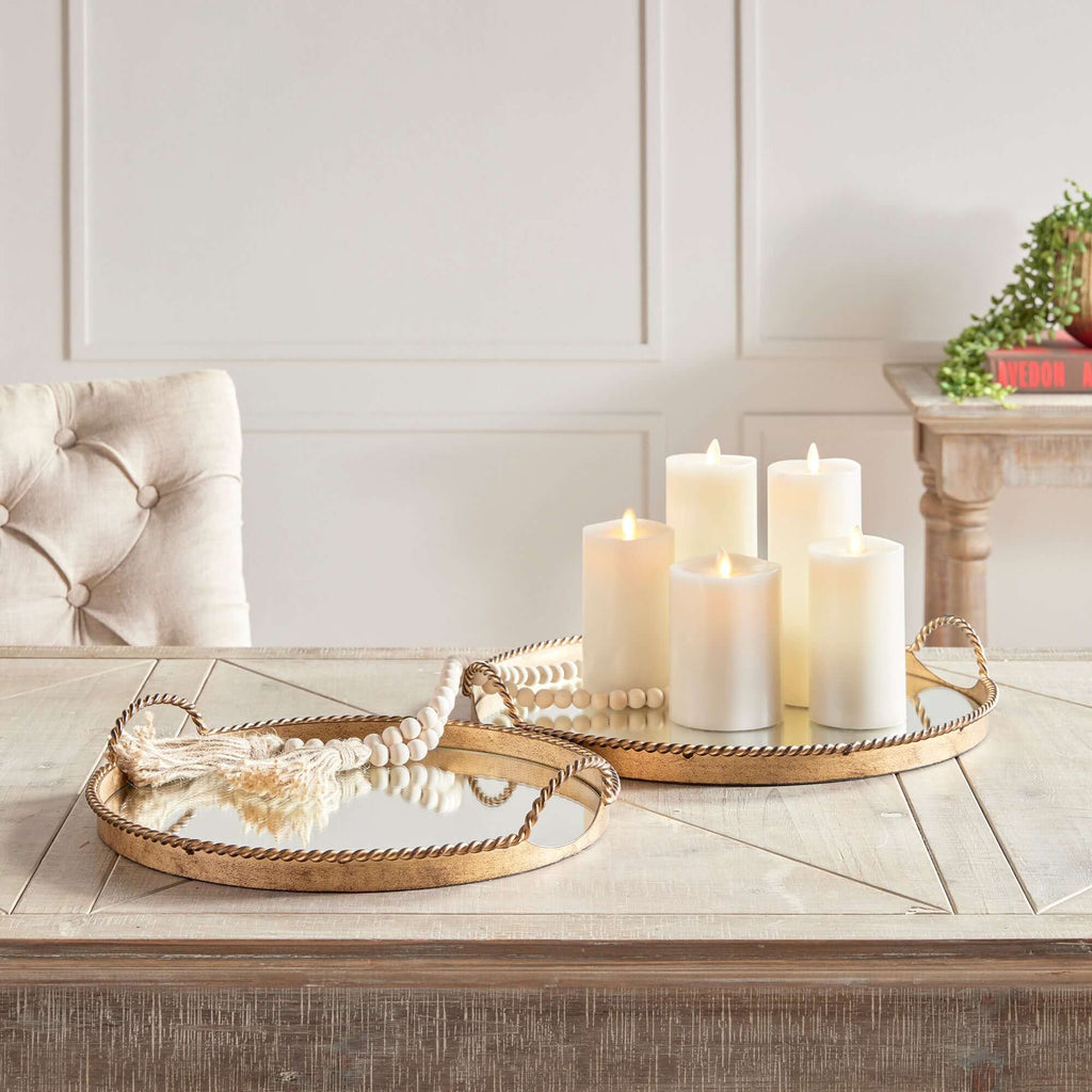 Vintage Gold Mirrored Tray Set with Braided Handles (Set of 2)