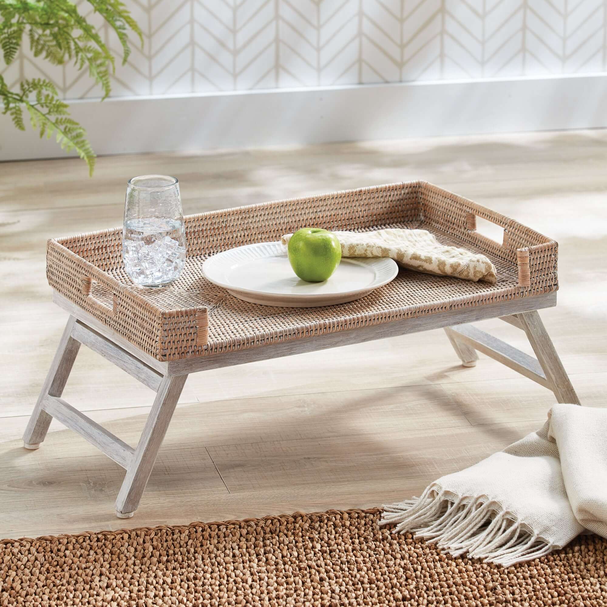 Vintage Rattan Tray Table with Collapsible Legs