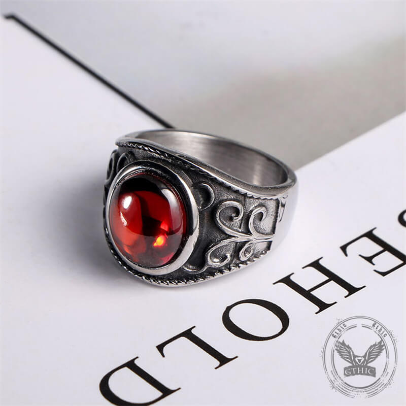 Vintage Engraved Flowers Ruby Stainless Steel Ring