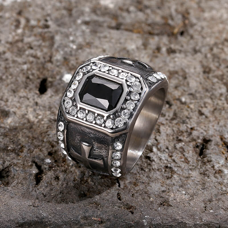Vintage Gemstone Cross Stainless Steel Ring