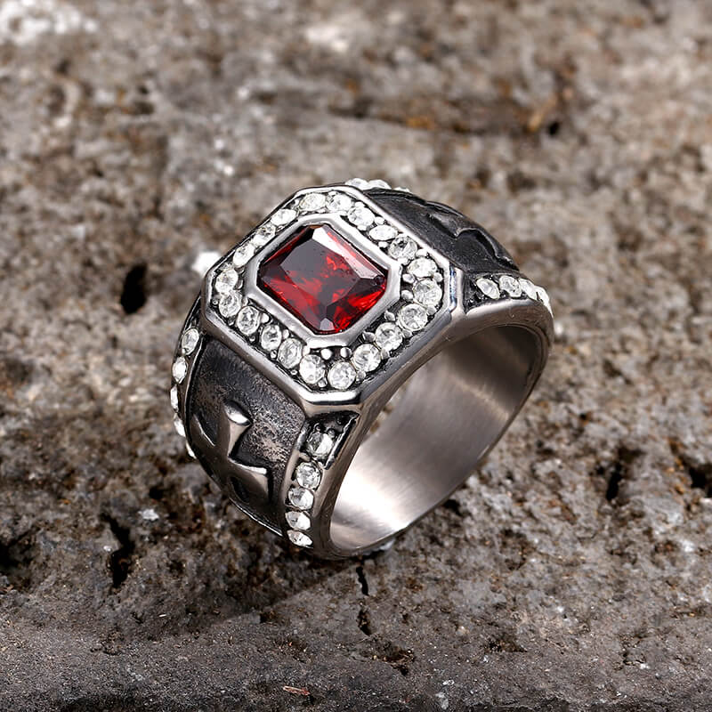 Vintage Gemstone Cross Stainless Steel Ring