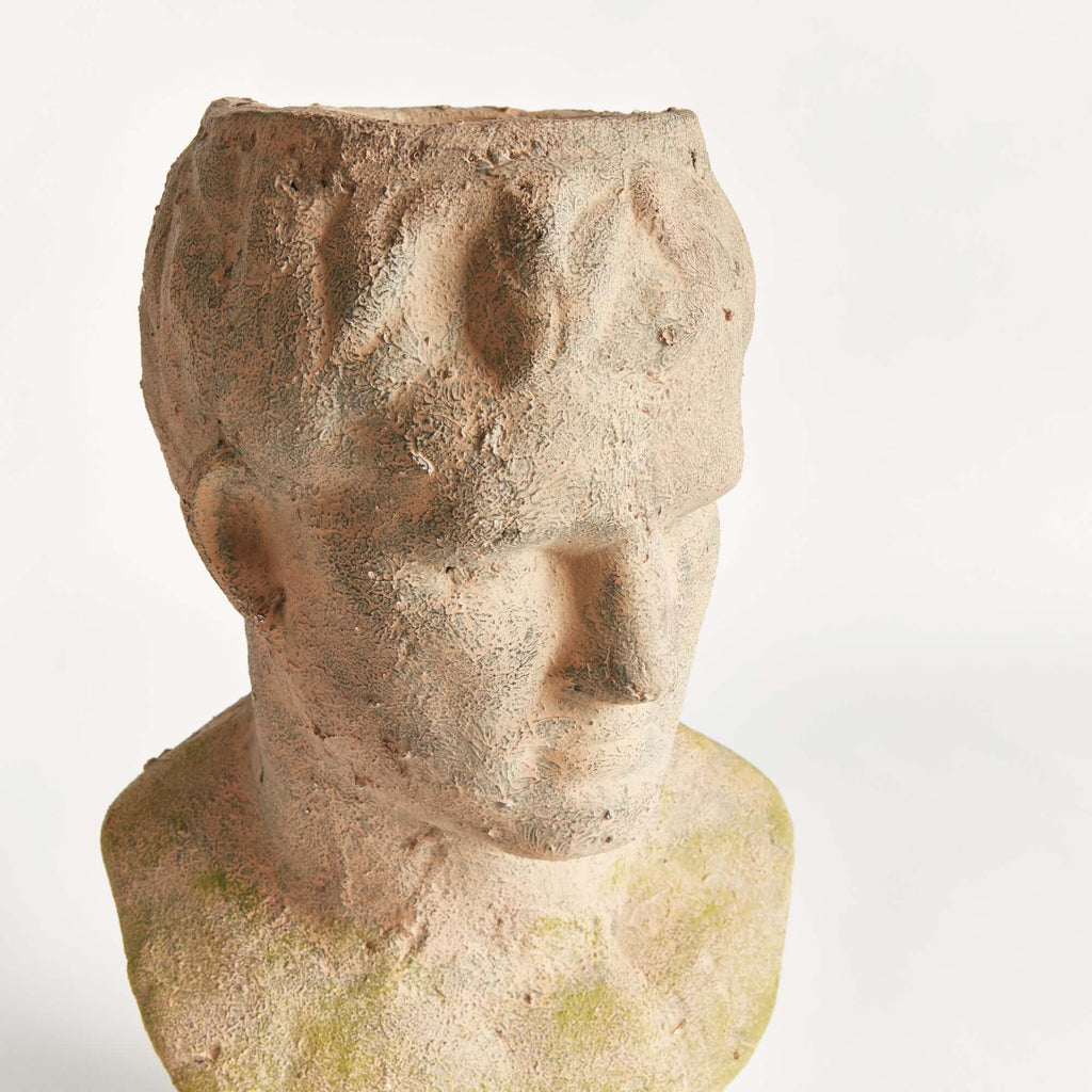 Vintage Moss Terracotta Male Bust Planter