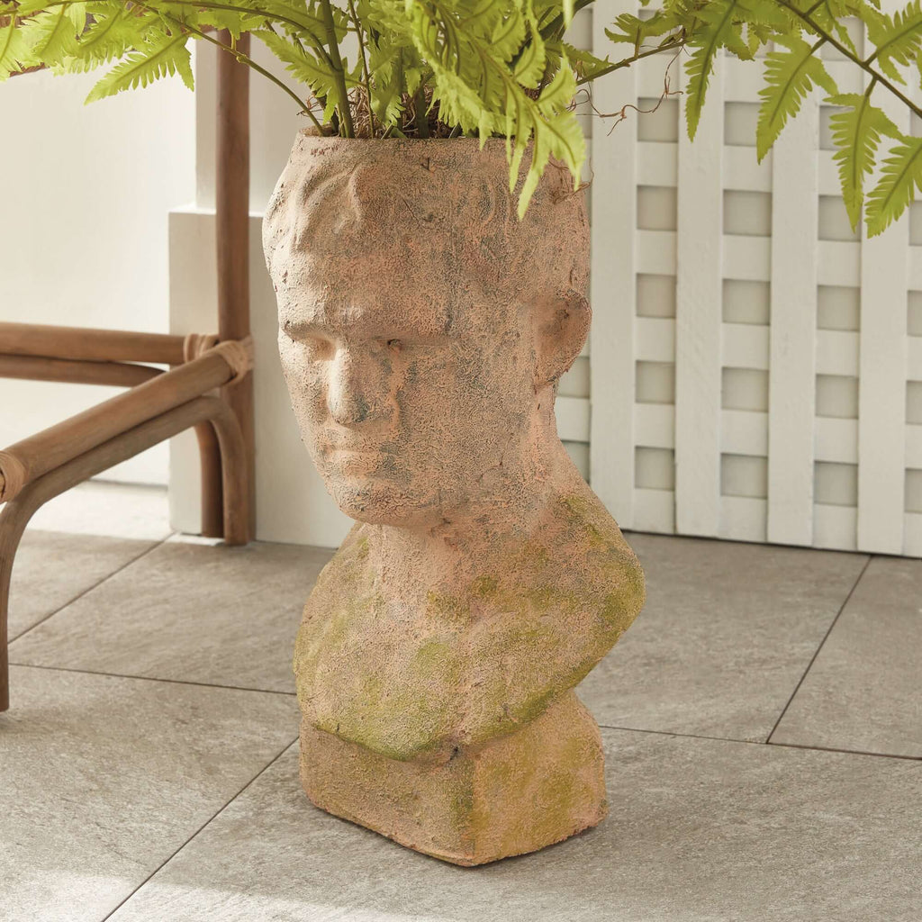 Vintage Moss Terracotta Male Bust Planter