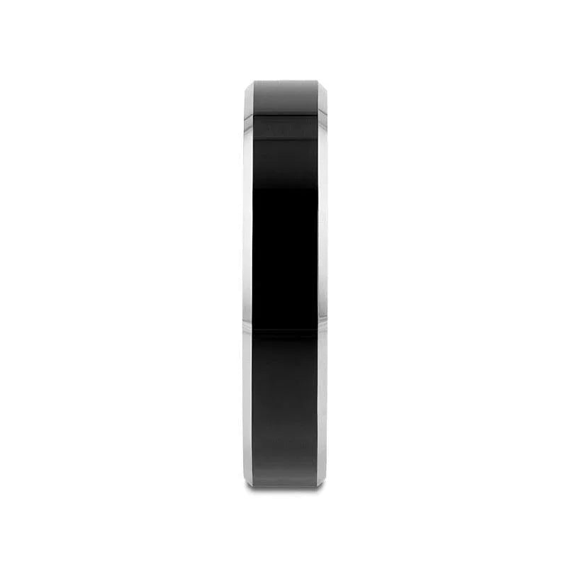 VALENCIA Women's Black Tungsten Ring, Polished Finish with White Tungsten Bevels - 4mm