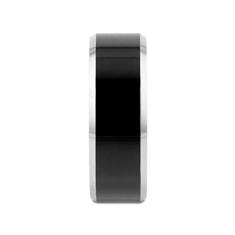 MACLAREN Black Polished Center Tungsten Wedding Band with Polished Gray Beveled Edges, 4mm–8mm