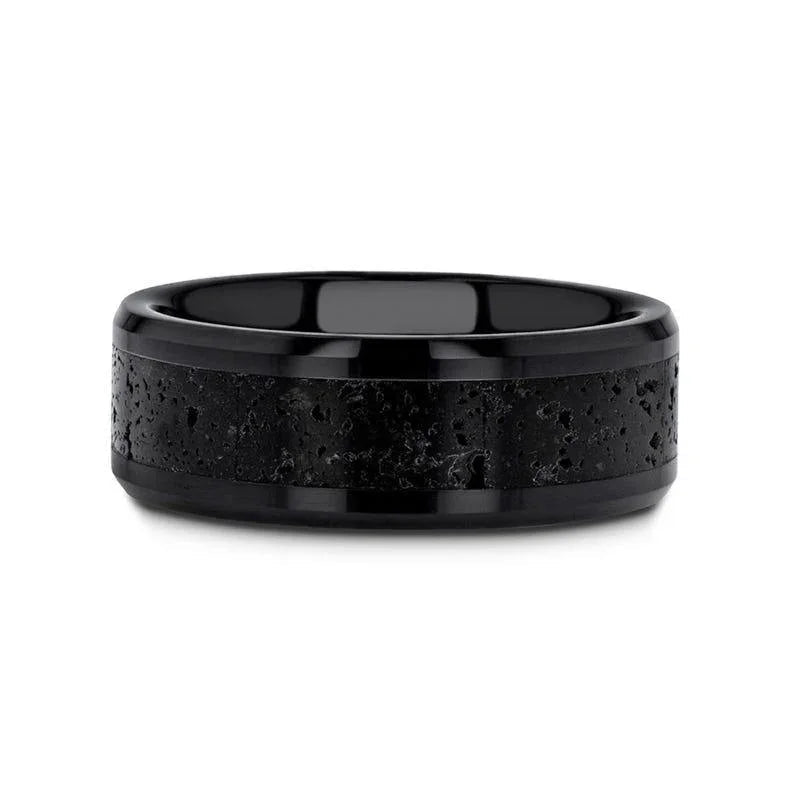VESUVIUS Men’s Polished Black Ceramic Wedding Band with Black & Gray Lava Rock Stone Inlay & Polished Beveled Edges - 6mm & 8mm