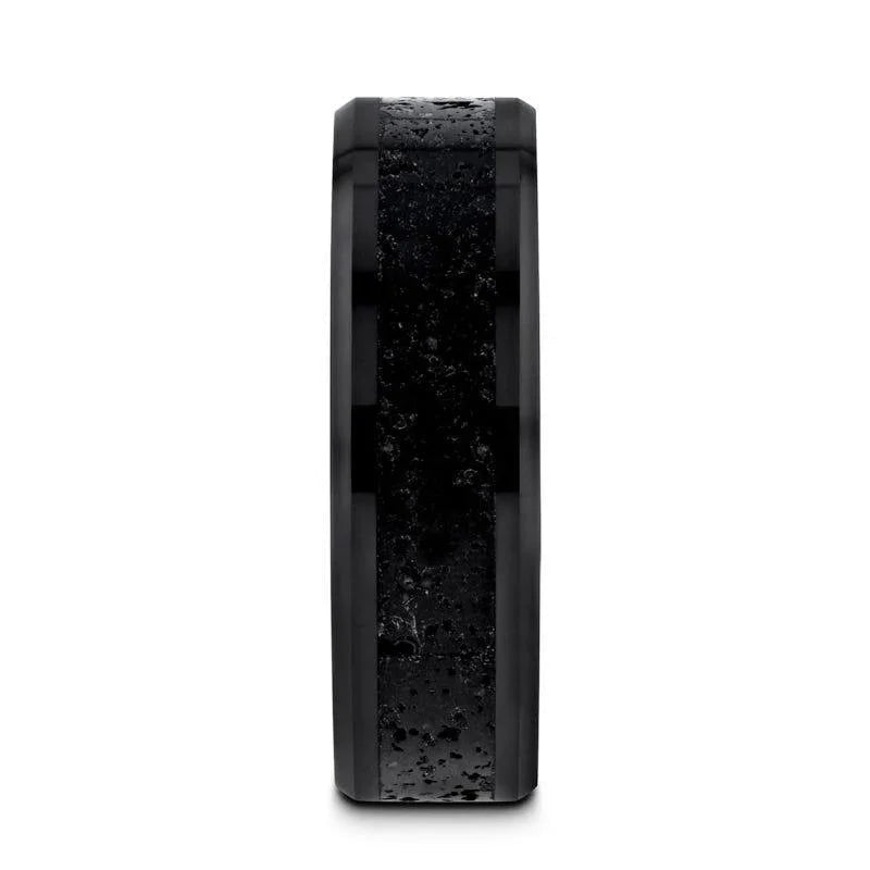 VESUVIUS Men’s Polished Black Ceramic Wedding Band with Black & Gray Lava Rock Stone Inlay & Polished Beveled Edges - 6mm & 8mm