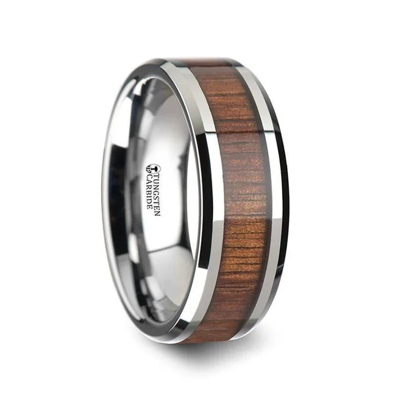 KONA Koa Wood Inlaid Tungsten Carbide Ring with Bevels - 4mm