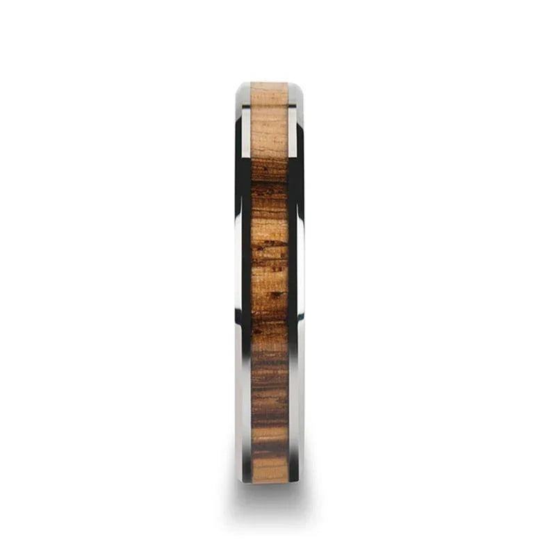 PALMALETTO Tungsten Carbide Ring with Beveled Edges and Real Zebra Wood Inlay - 4mm