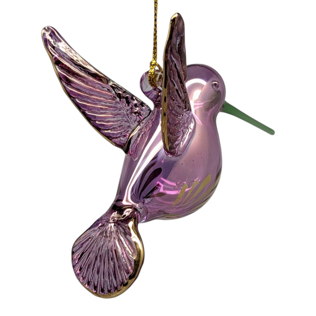 Gold Etched Glass Hummingbird Ornament - Purple with Green Beak