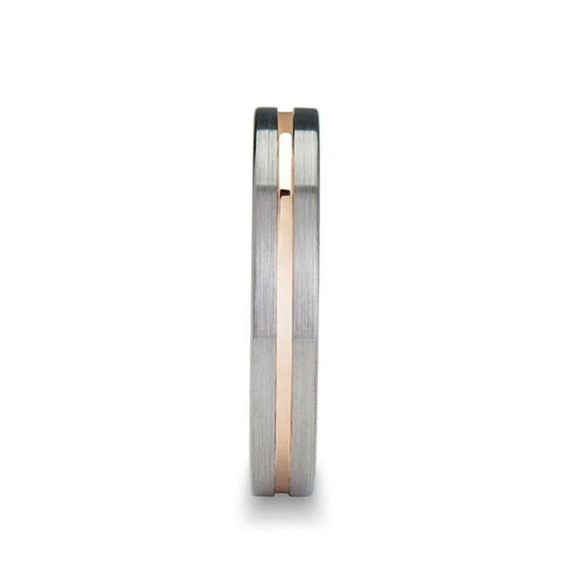 ZENA Flat Brushed Tungsten Ring with Rose Gold Channel — 4mm & 6mm