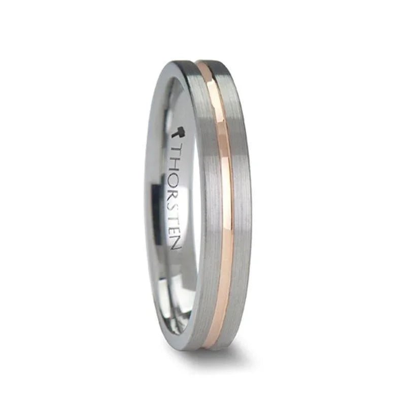 ZEUS Flat Brushed Tungsten Carbide Ring with Rose Gold-Plated Groove (4mm–10mm)