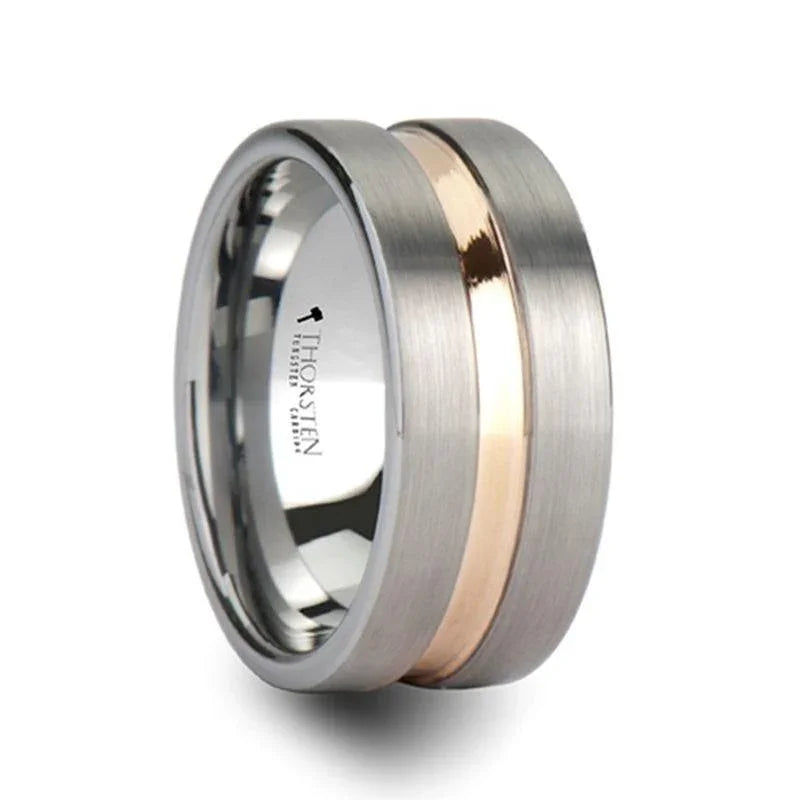 ZEUS Flat Brushed Tungsten Carbide Ring with Rose Gold-Plated Groove (4mm–10mm)