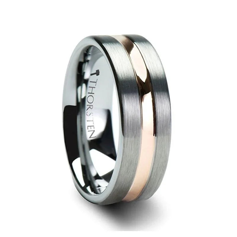 ZENITH Extra Wide Flat Brushed Tungsten Ring with Rose Gold Channel – 10mm
