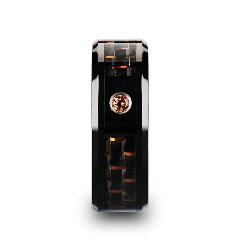 HELSING Black Ceramic Ring with Black and Orange Carbon Fiber and Orange Padparadscha Setting - 8mm