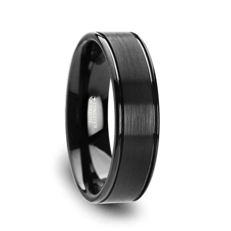 TURNER Black Tungsten Carbide Wedding Band – Flat Brushed Center, Dual Offset Grooves, Polished Edges (6mm & 8mm)