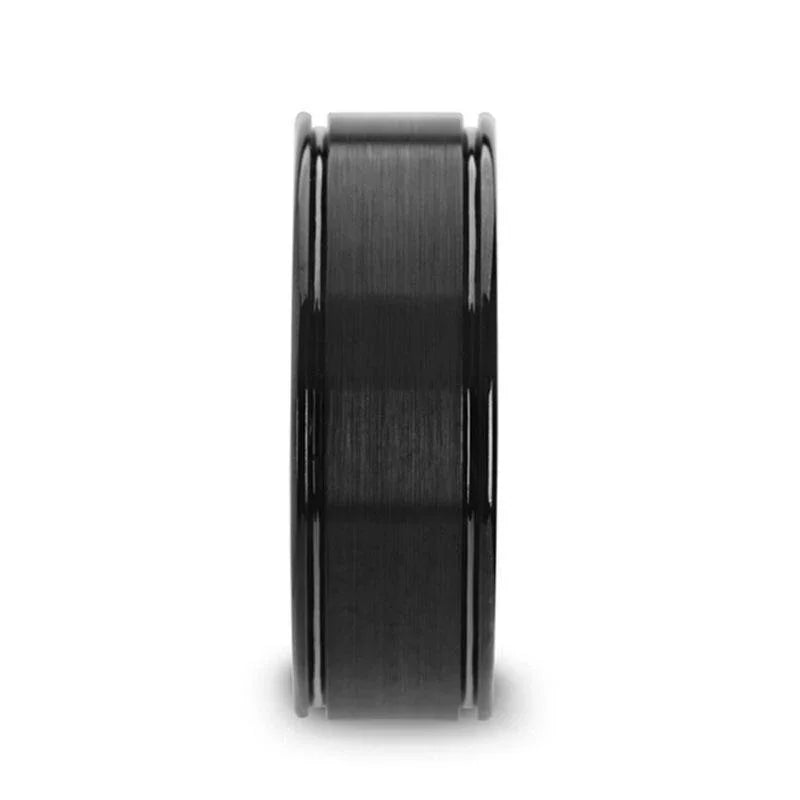 TURNER Black Tungsten Carbide Wedding Band – Flat Brushed Center, Dual Offset Grooves, Polished Edges (6mm & 8mm)