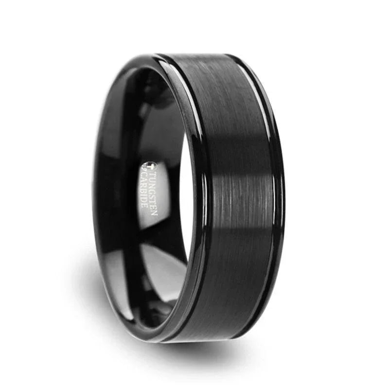 TURNER Black Tungsten Carbide Wedding Band – Flat Brushed Center, Dual Offset Grooves, Polished Edges (6mm & 8mm)
