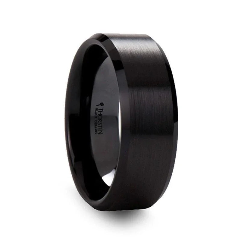 YORKSHIRE Brushed Black Ceramic Wedding Band with Polished Beveled Edges – 6mm or 8mm