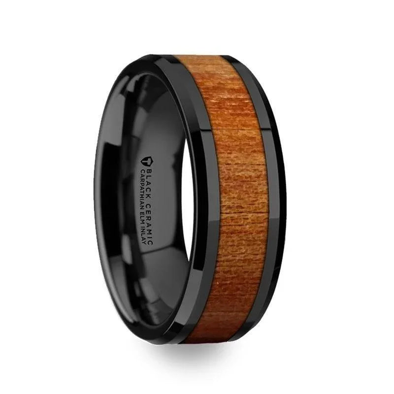 THRACIAN Carpathian Wood Inlaid Black Ceramic Ring with Bevels - 6mm & 8mm