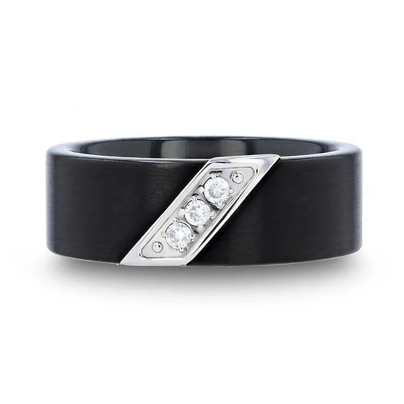 LIAM 8 mm Flat Black Satin Tungsten Carbide Wedding Band with Diagonal Diamonds in Stainless Steel