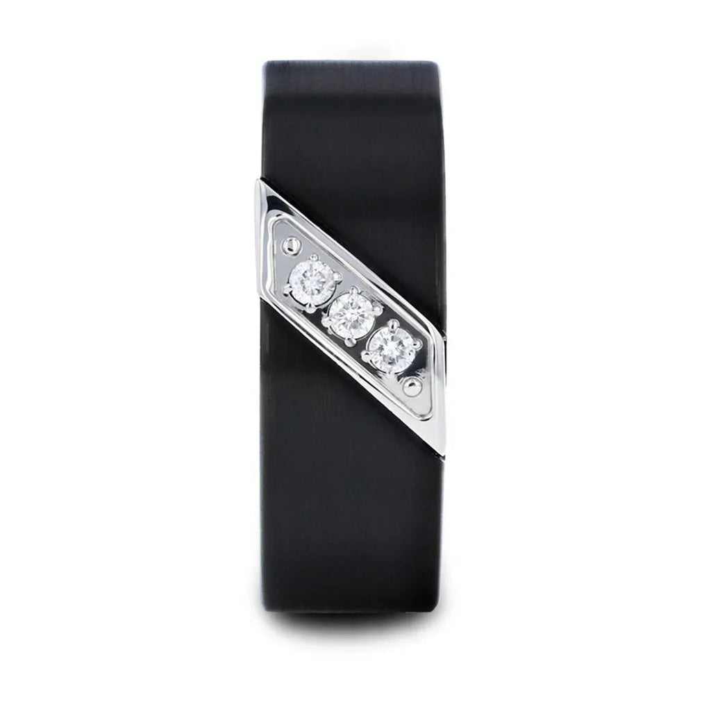 LIAM 8 mm Flat Black Satin Tungsten Carbide Wedding Band with Diagonal Diamonds in Stainless Steel