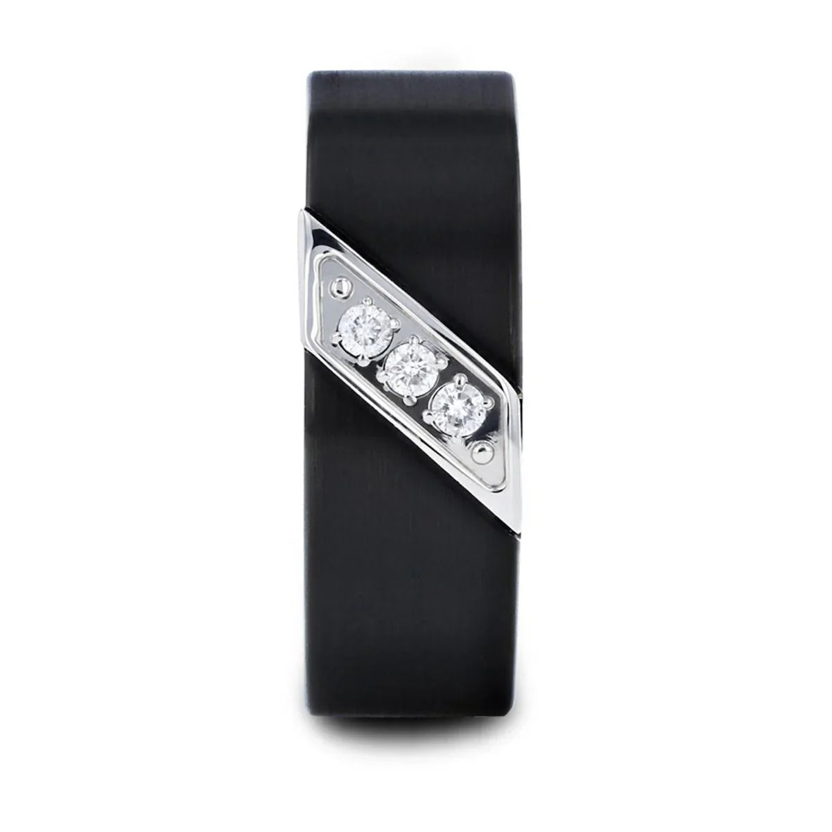 LIAM 8 mm Flat Black Satin Tungsten Carbide Wedding Band with Diagonal Diamonds in Stainless Steel