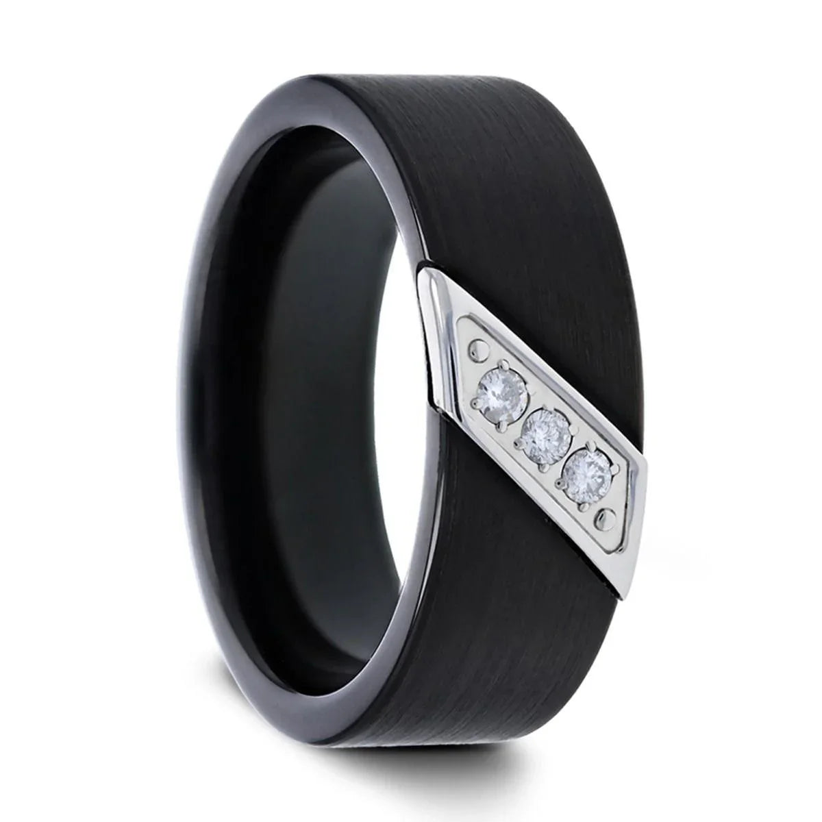 LIAM 8 mm Flat Black Satin Tungsten Carbide Wedding Band with Diagonal Diamonds in Stainless Steel