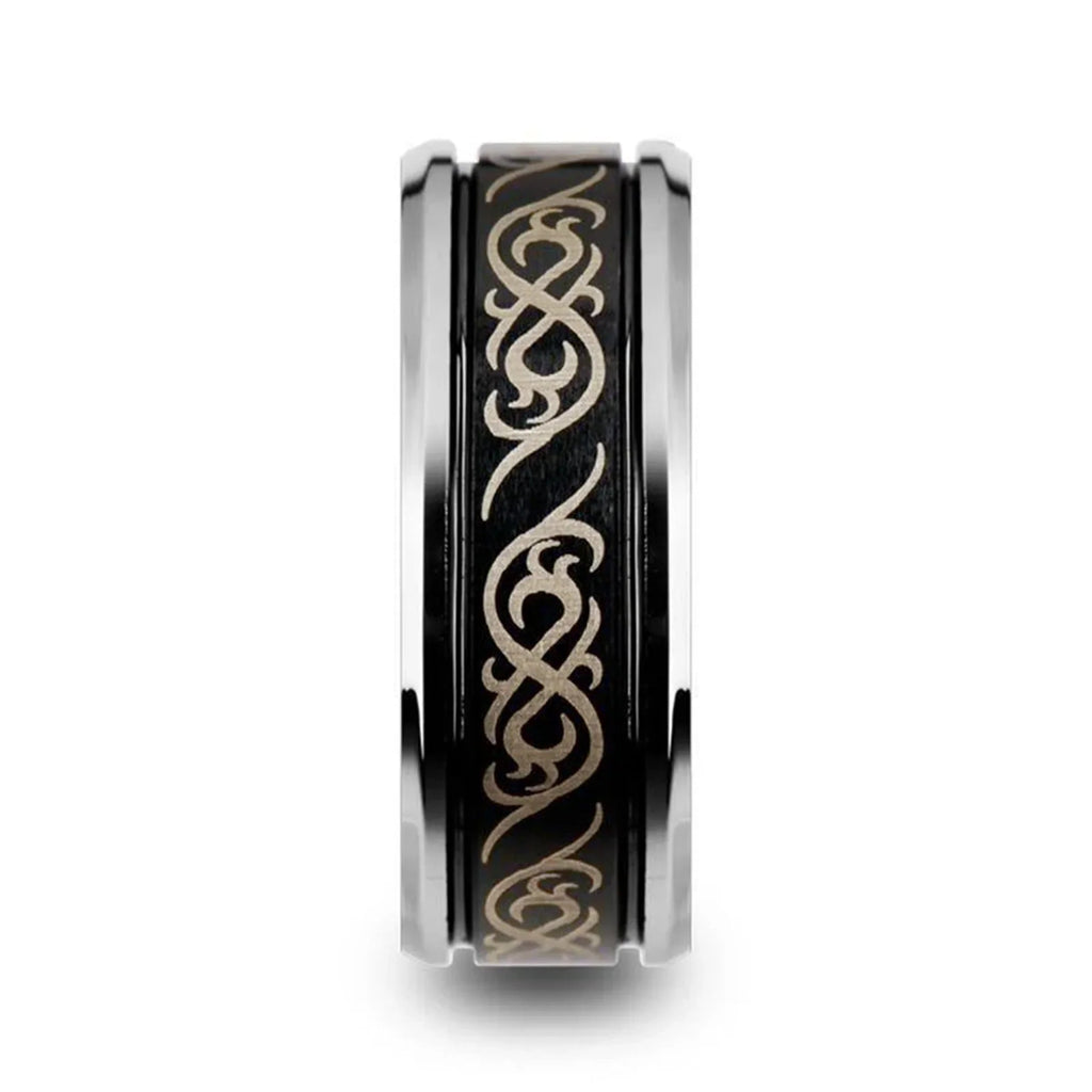 RAIZEN Tungsten Carbide Wedding Ring with Dual Offset Grooves and Laser Engraved Celtic Pattern Polished and Beveled Edges - 8mm