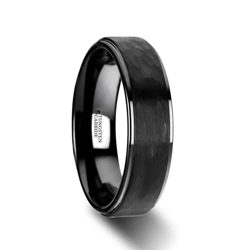 REBEL Raised Hammer Finish Step Edge Black Tungsten Carbide Wedding Band – 6mm or 8mm