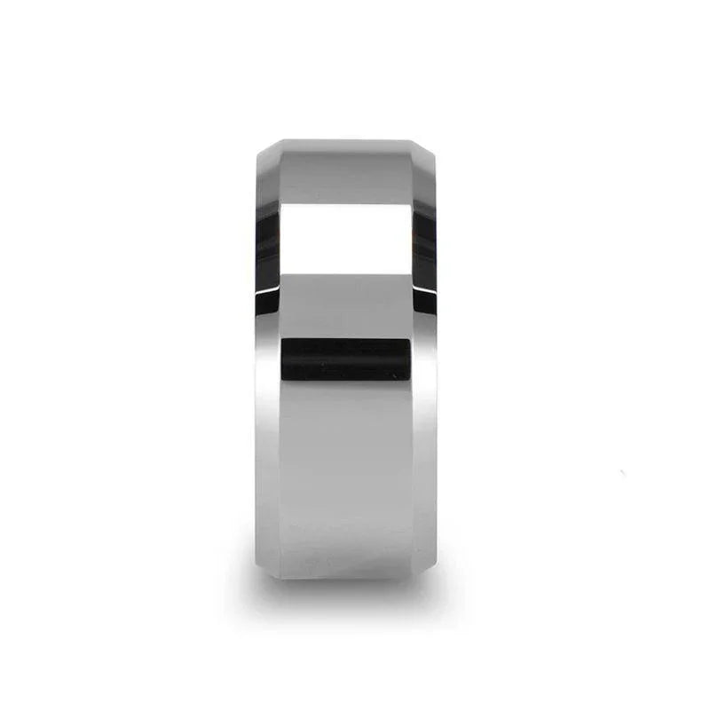 LAWTON White Tungsten Wedding Band with Beveled Edges — 10mm