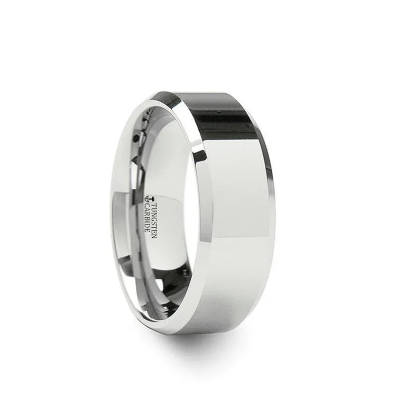 BELLISSIMA Ladies White Tungsten Wedding Band with Beveled Edges — 4mm–6mm