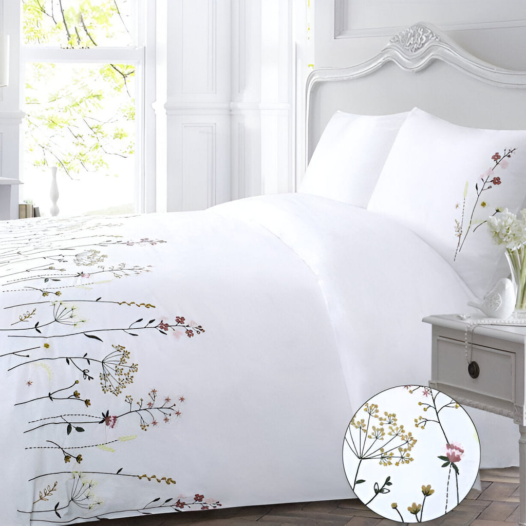 Floral Botanical Embroidered Cotton Sateen Duvet Cover Set