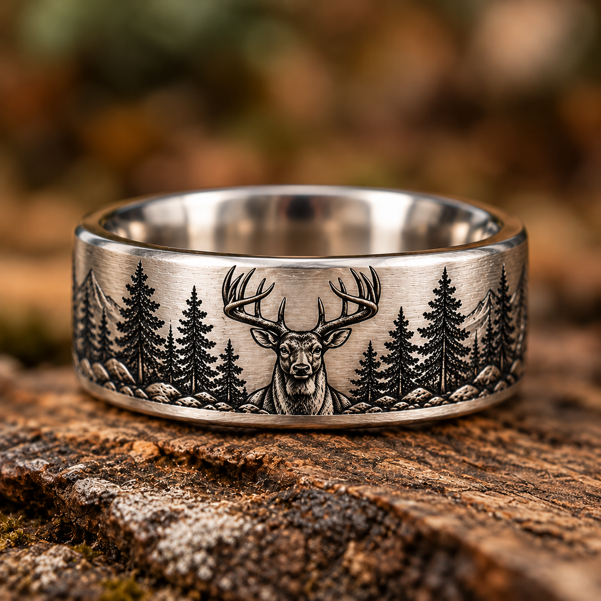 Whitetail band front concept revised for maximum 8 mm band height/width, with buck portrait and forest engraving. AI-generated visualization, not a scale drawing; final dimensions and feasibility require quote and approval.