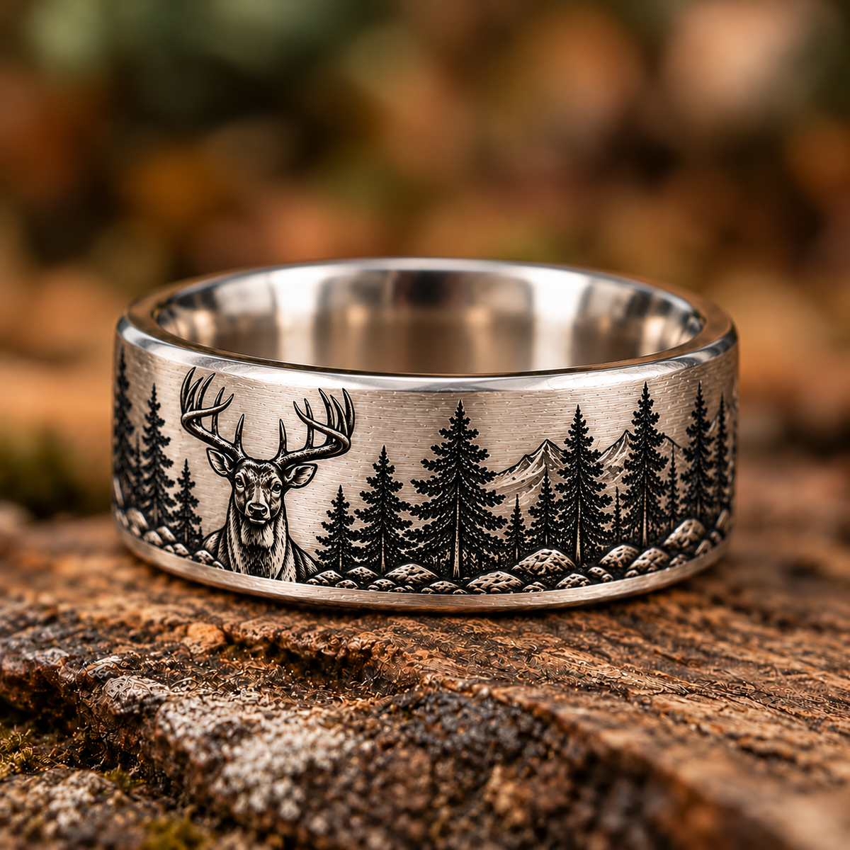 Whitetail right-side forest detail concept based on the front design, maximum 8 mm band width. AI-generated visualization, not a scale drawing; final engraving and manufacturing dimensions require review and approval.