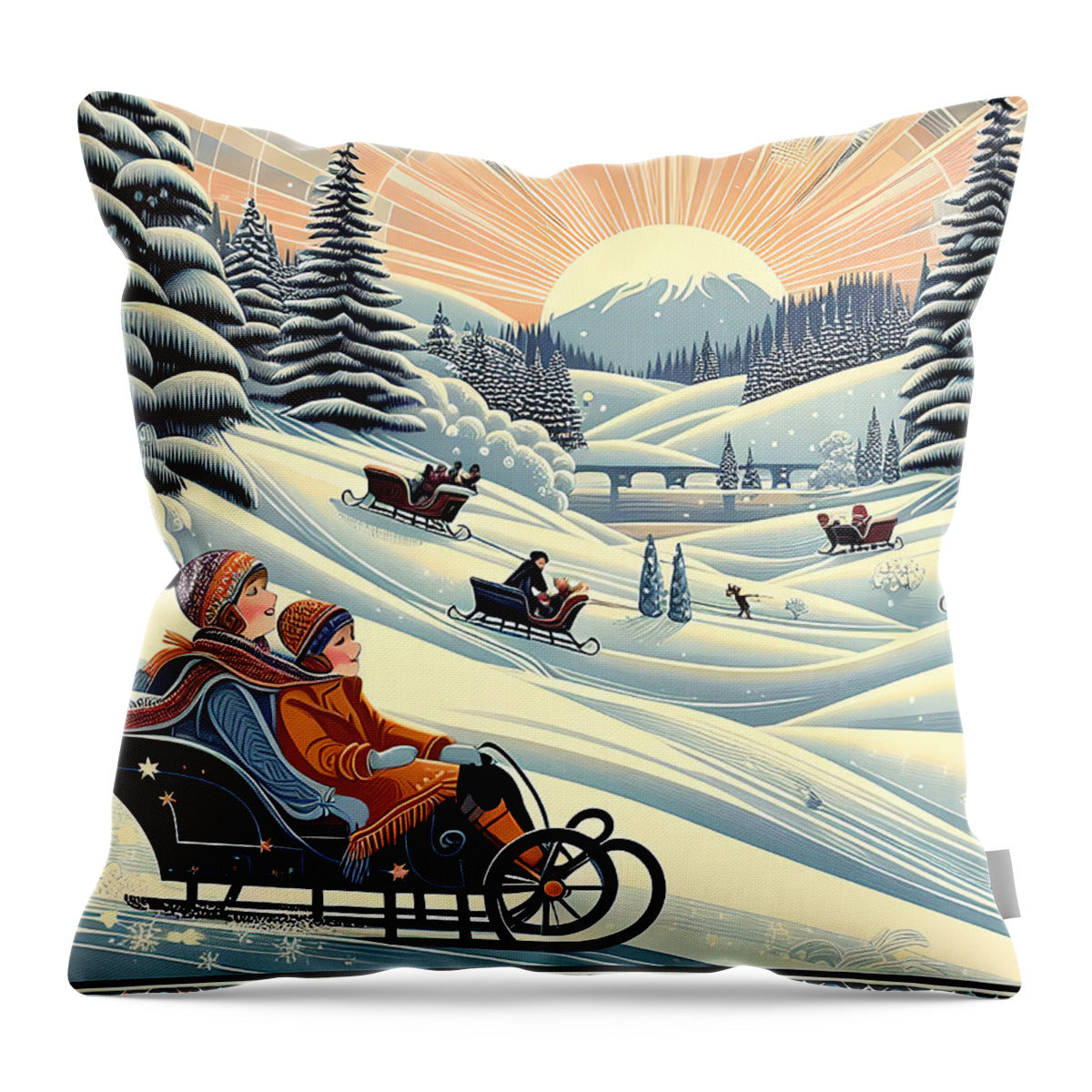 Winter Wonderland Sledding Adventure - Throw Pillow
