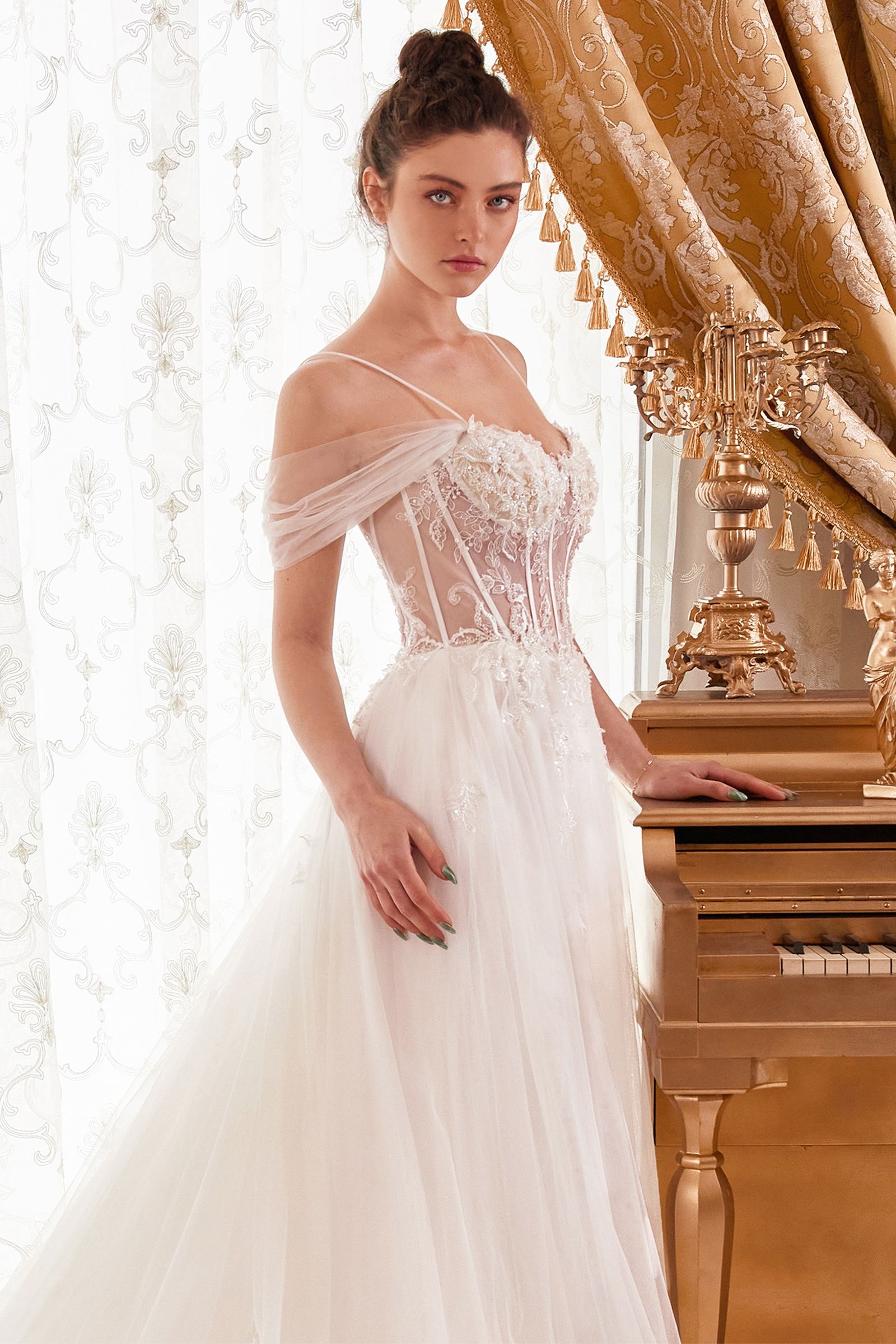 Off-Shoulder Corset Tulle Wedding Gown with Draped Sleeves and Train CDWN307