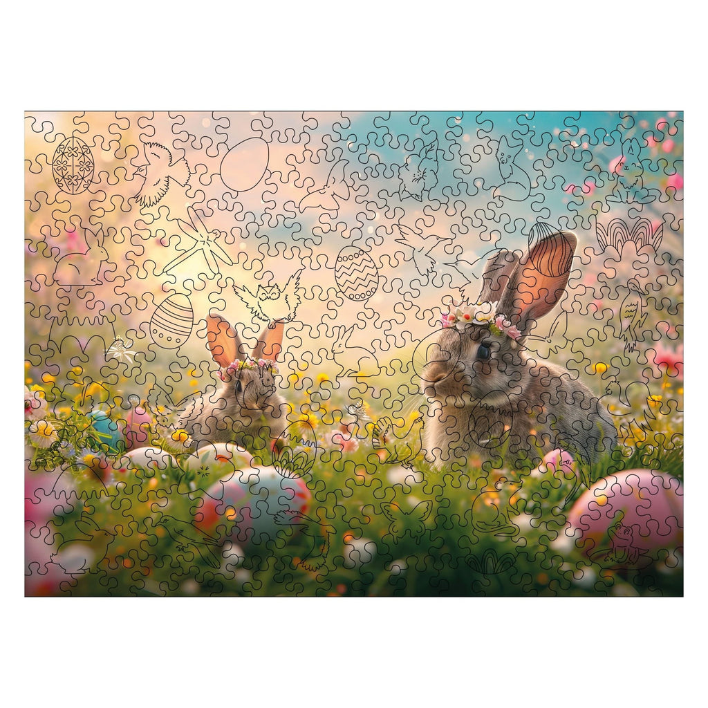 Wooden Easter Puzzle - Easter Bunnies in Spring Meadow