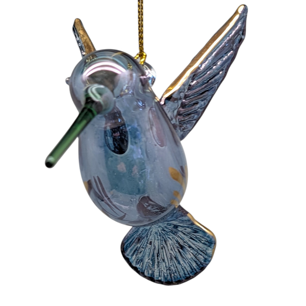 Gold Etched Glass Hummingbird Ornament - Blue