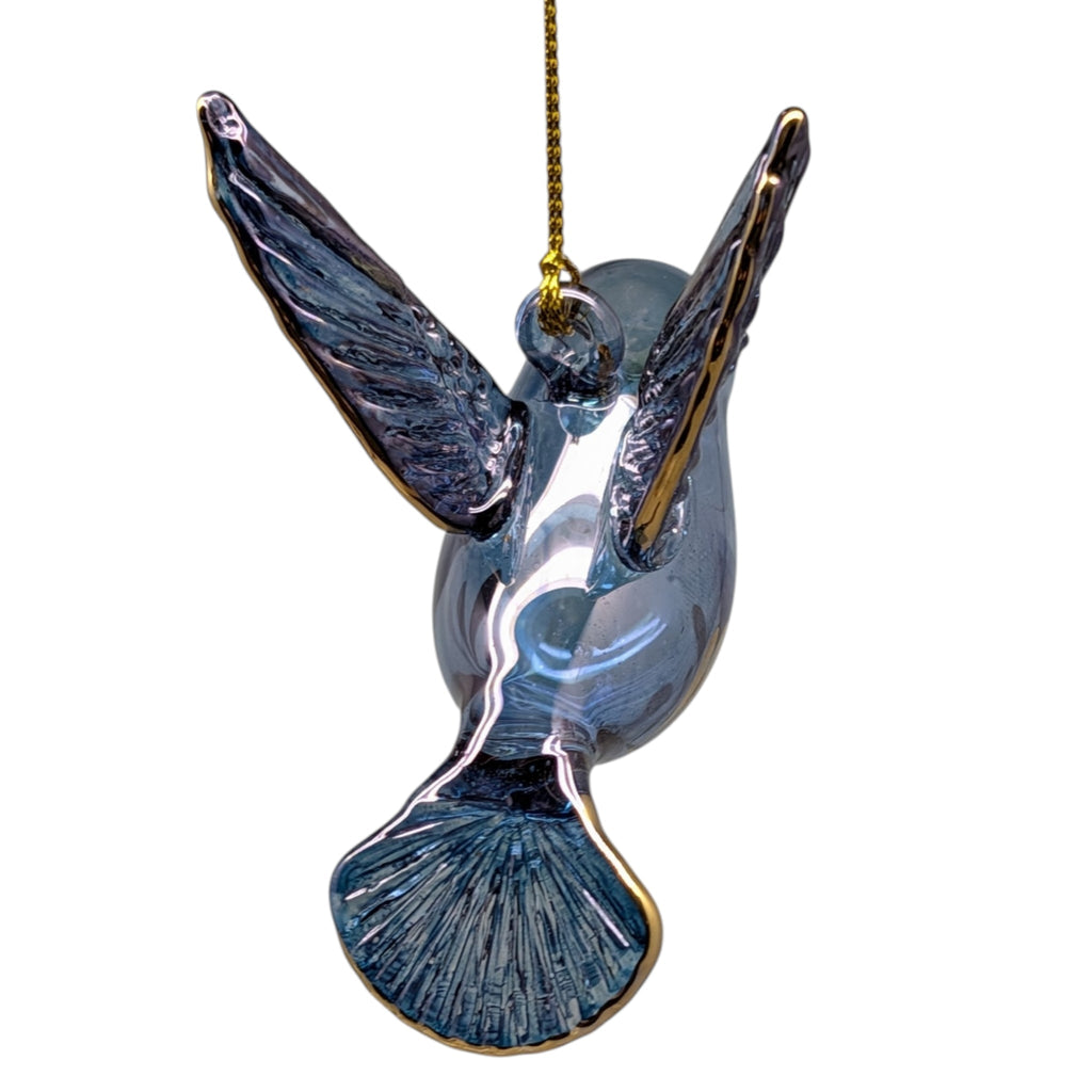 Gold Etched Glass Hummingbird Ornament - Blue