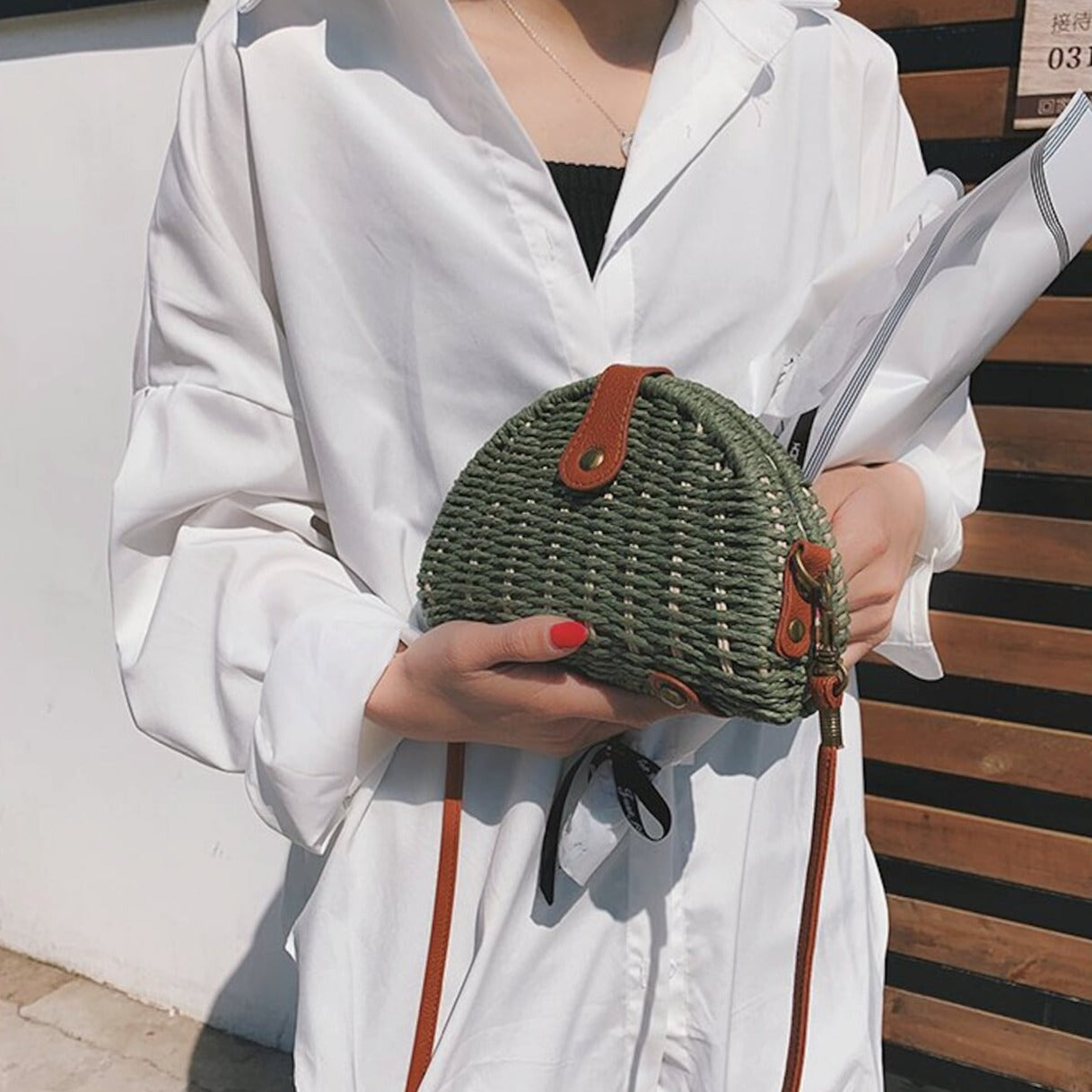 Oval Straw Crossbody Bag