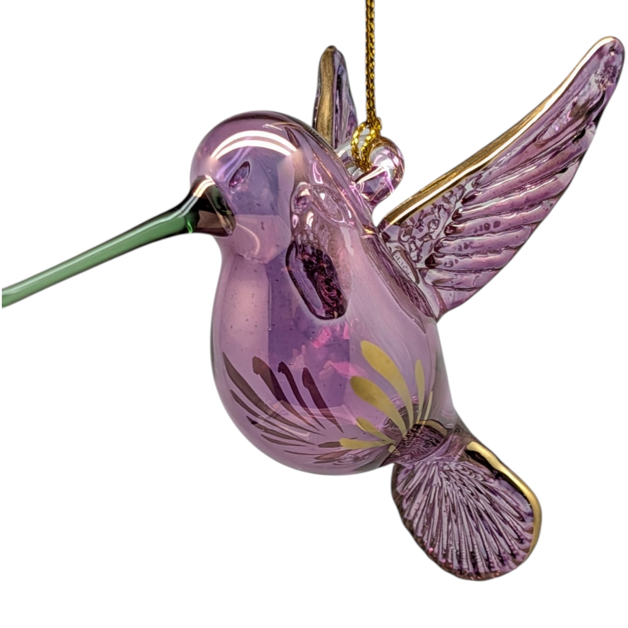 Gold Etched Glass Hummingbird Ornament - Purple with Green Beak